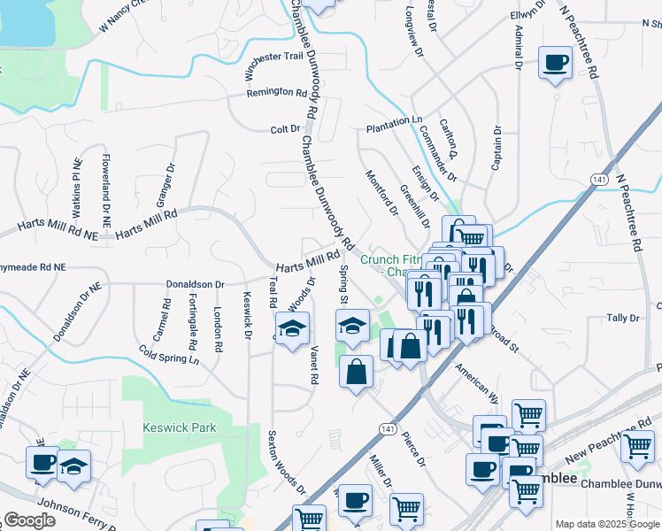 map of restaurants, bars, coffee shops, grocery stores, and more near 2017 Harts Mill Road Northeast in Atlanta