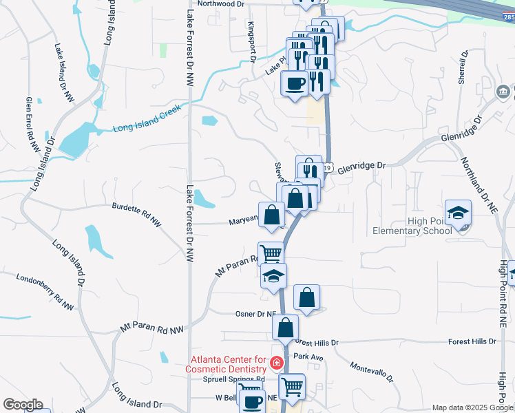 map of restaurants, bars, coffee shops, grocery stores, and more near 120 Maryeanna Drive Northeast in Atlanta