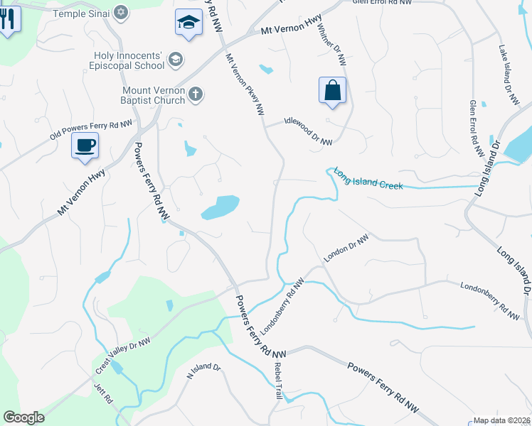 map of restaurants, bars, coffee shops, grocery stores, and more near 5320 Mount Vernon Parkway Northwest in Atlanta