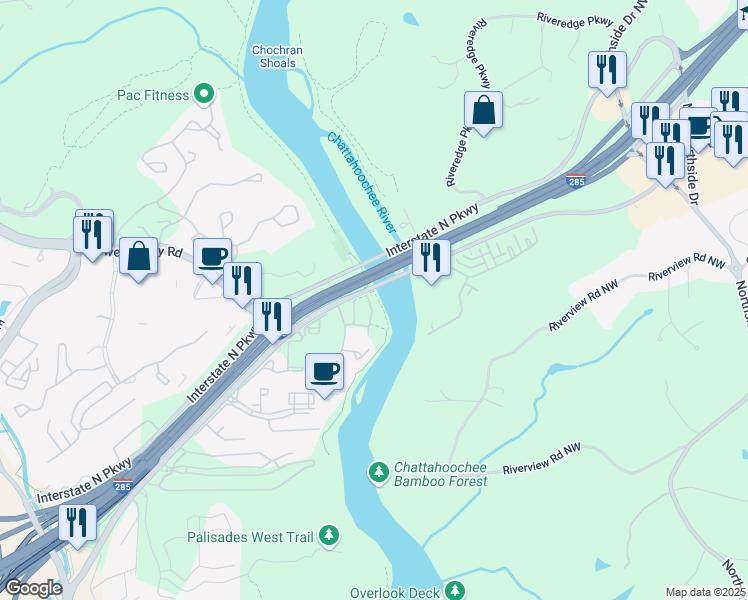 map of restaurants, bars, coffee shops, grocery stores, and more near 1098 Riverbend Club Drive Southeast in Atlanta