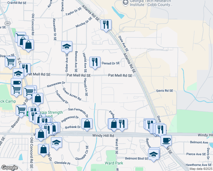 map of restaurants, bars, coffee shops, grocery stores, and more near 840 Wells Circle South East in Smyrna