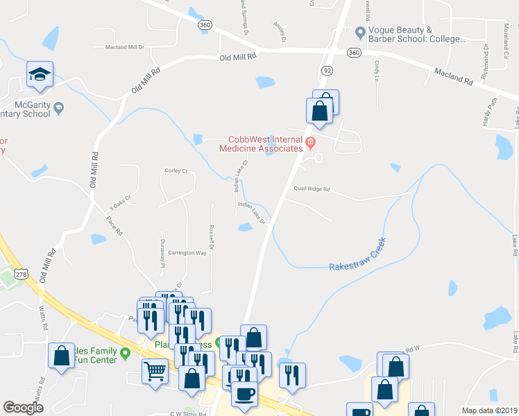 map of restaurants, bars, coffee shops, grocery stores, and more near 80 Indian Lake Drive in Hiram
