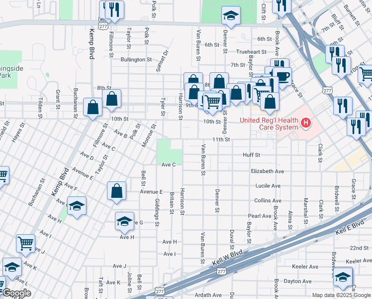 map of restaurants, bars, coffee shops, grocery stores, and more near 2011 Huff Street in Wichita Falls