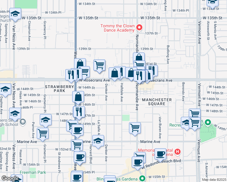map of restaurants, bars, coffee shops, grocery stores, and more near 1533 West 145th Street in Gardena