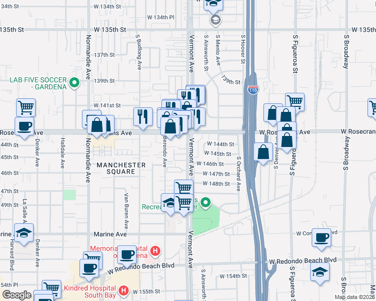 map of restaurants, bars, coffee shops, grocery stores, and more near 859 West 146th Street in Gardena