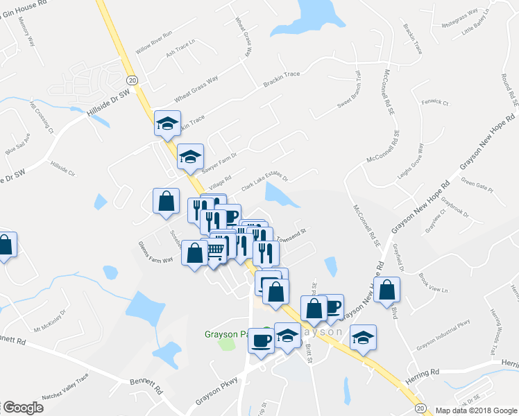 map of restaurants, bars, coffee shops, grocery stores, and more near 404 Clark Lake Estates Drive in Grayson