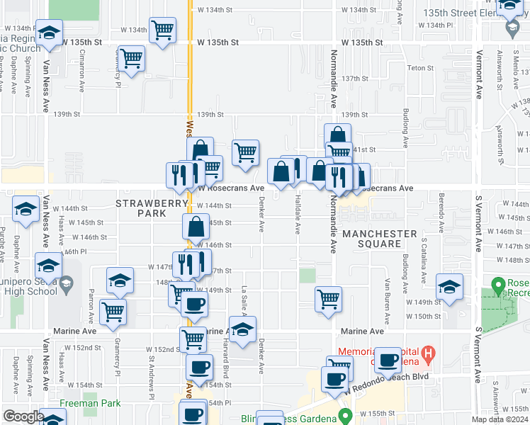 map of restaurants, bars, coffee shops, grocery stores, and more near 1557 West 145th Street in Gardena
