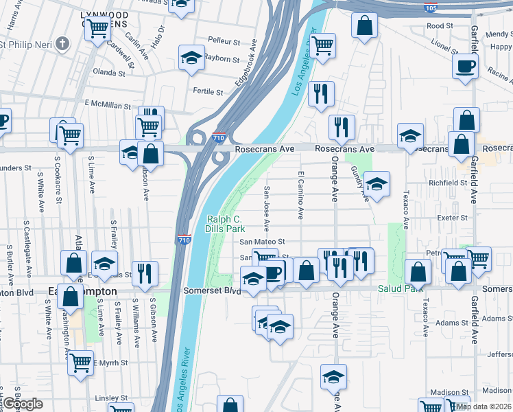 map of restaurants, bars, coffee shops, grocery stores, and more near 6537 San Miguel Street in Paramount