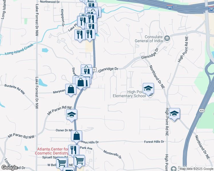 map of restaurants, bars, coffee shops, grocery stores, and more near 5333 Green Hill Place Northeast in Atlanta