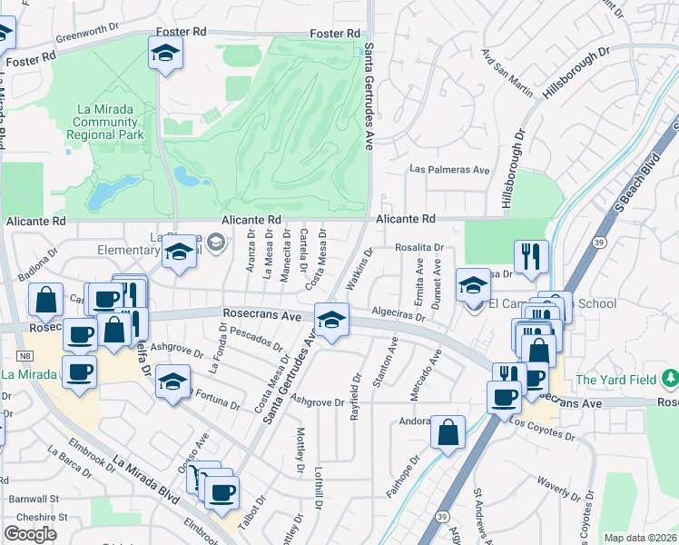 map of restaurants, bars, coffee shops, grocery stores, and more near 15721 El Tiro Drive in La Mirada