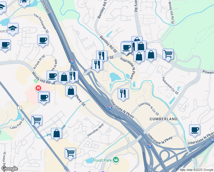 map of restaurants, bars, coffee shops, grocery stores, and more near 2225 Interstate North Parkway West in Atlanta