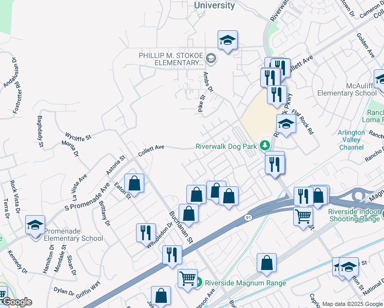 map of restaurants, bars, coffee shops, grocery stores, and more near 4150 Tuscola Place in Riverside