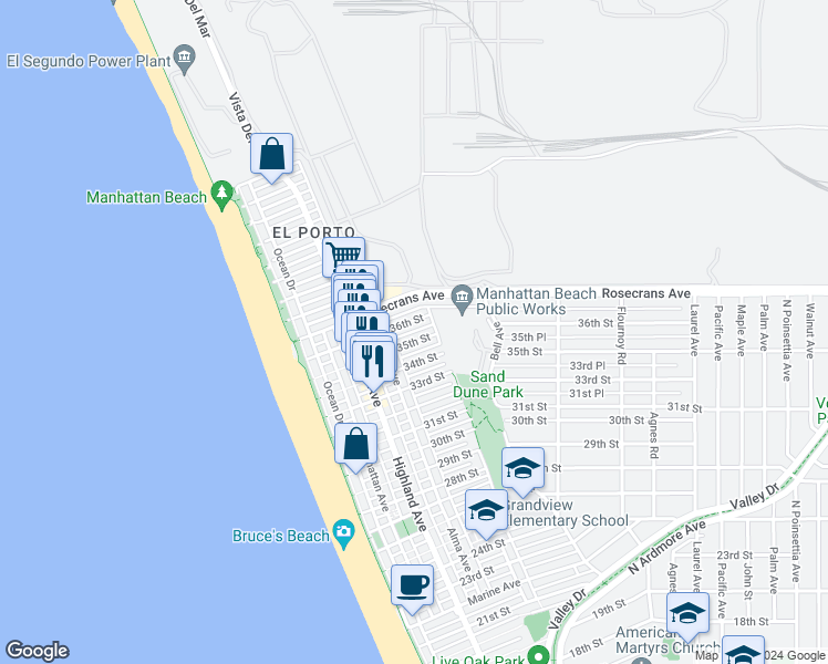 map of restaurants, bars, coffee shops, grocery stores, and more near 380 35th Street in Manhattan Beach