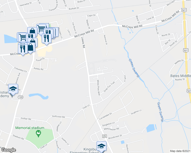 map of restaurants, bars, coffee shops, grocery stores, and more near 30 White Pine Court in Sumter