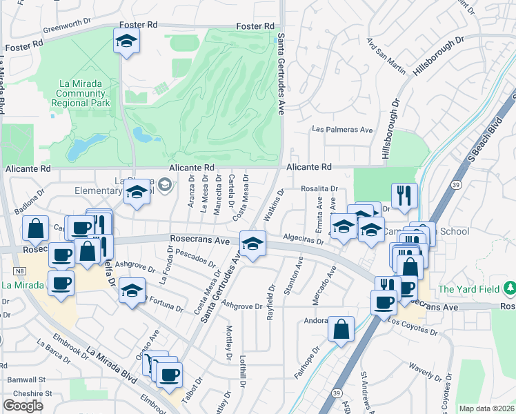 map of restaurants, bars, coffee shops, grocery stores, and more near 15721 El Tiro Drive in La Mirada