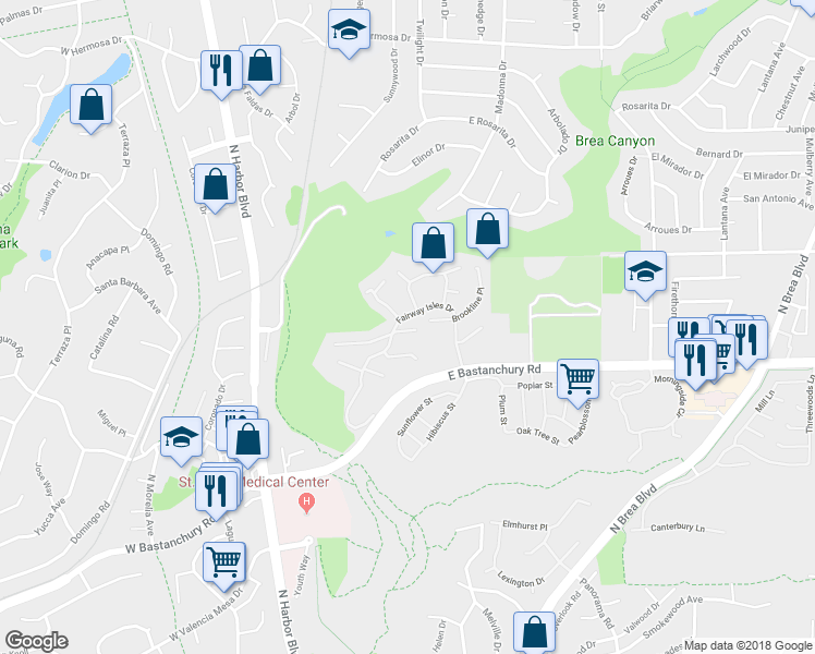 map of restaurants, bars, coffee shops, grocery stores, and more near 513 Pebble Beach Place in Fullerton