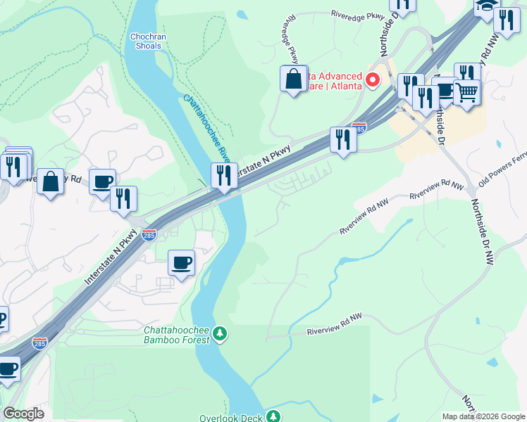 map of restaurants, bars, coffee shops, grocery stores, and more near 200 River Vista Drive in Atlanta