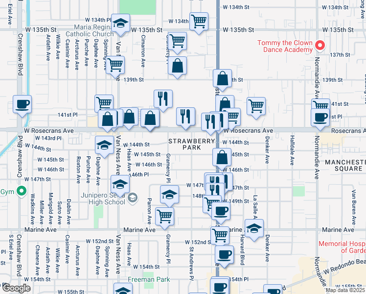 map of restaurants, bars, coffee shops, grocery stores, and more near 1930 West 145th Street in Gardena