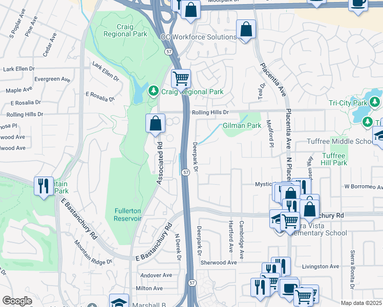 map of restaurants, bars, coffee shops, grocery stores, and more near 2523 Deerpark Drive in Fullerton