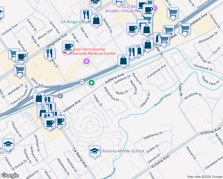 map of restaurants, bars, coffee shops, grocery stores, and more near 3330 Baffin Drive in Riverside