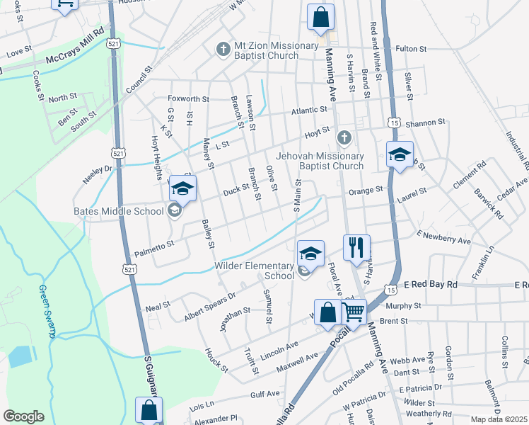 map of restaurants, bars, coffee shops, grocery stores, and more near 175 Palmetto Street in Sumter