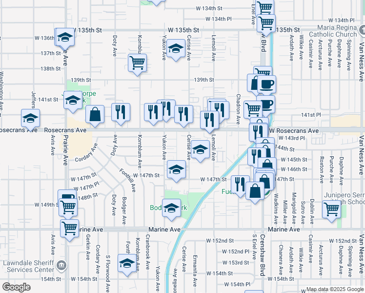 map of restaurants, bars, coffee shops, grocery stores, and more near 14405 Cerise Avenue in Hawthorne