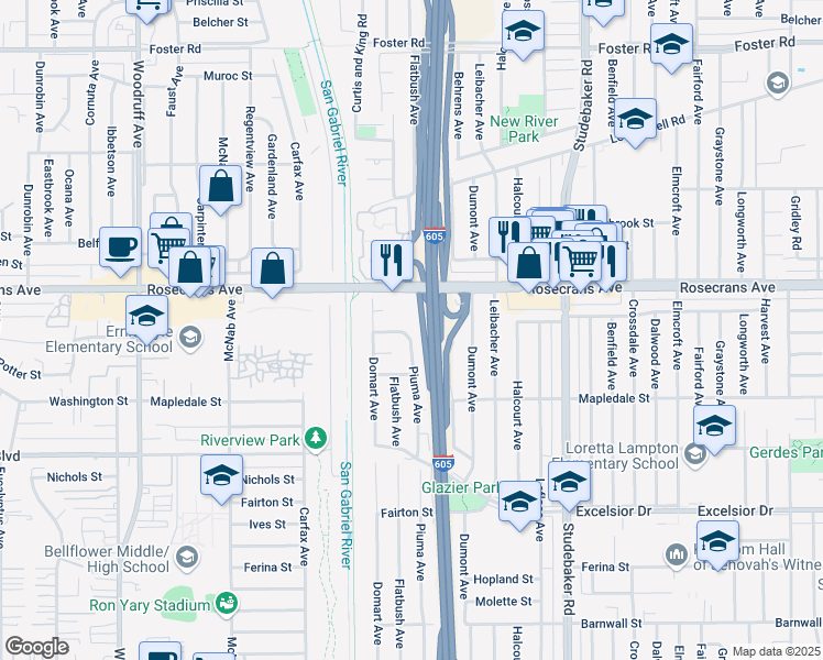 map of restaurants, bars, coffee shops, grocery stores, and more near 10641 Lindale Street in Norwalk