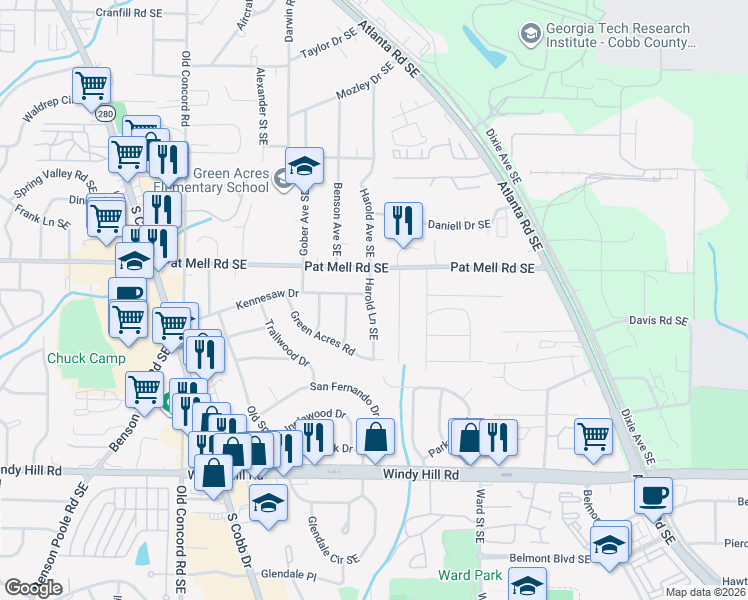 map of restaurants, bars, coffee shops, grocery stores, and more near 2147 Harold Lane Southeast in Smyrna