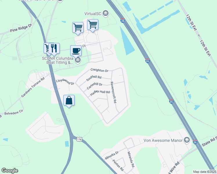 map of restaurants, bars, coffee shops, grocery stores, and more near 332 Carterhill Drive in West Columbia