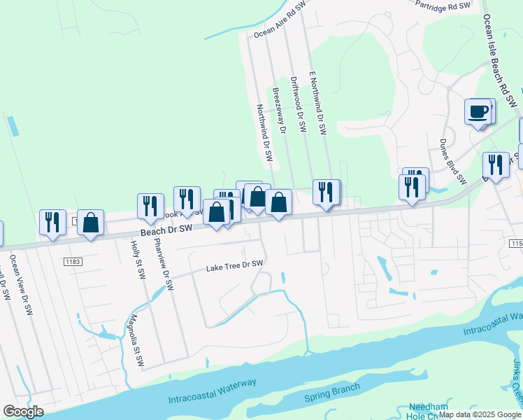 map of restaurants, bars, coffee shops, grocery stores, and more near 6657 Beach Drive Southwest in Ocean Isle Beach