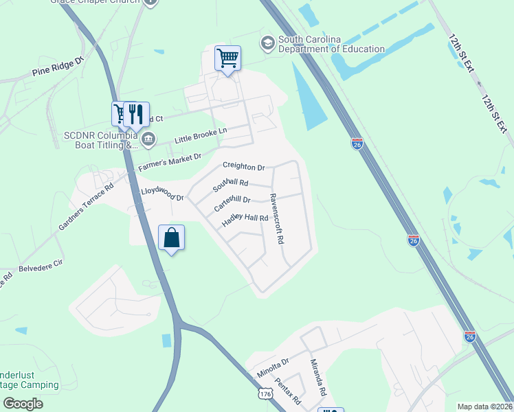 map of restaurants, bars, coffee shops, grocery stores, and more near 328 Carterhill Drive in West Columbia