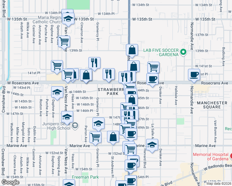 map of restaurants, bars, coffee shops, grocery stores, and more near 1852 West 145th Street in Gardena