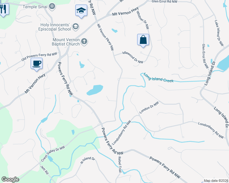 map of restaurants, bars, coffee shops, grocery stores, and more near 5320 Mount Vernon Parkway Northwest in Atlanta