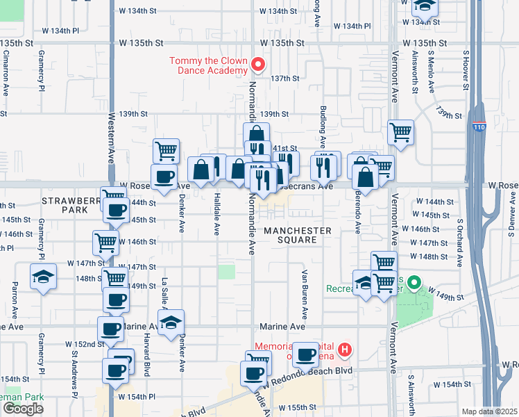 map of restaurants, bars, coffee shops, grocery stores, and more near 14503 Normandie Avenue in Gardena
