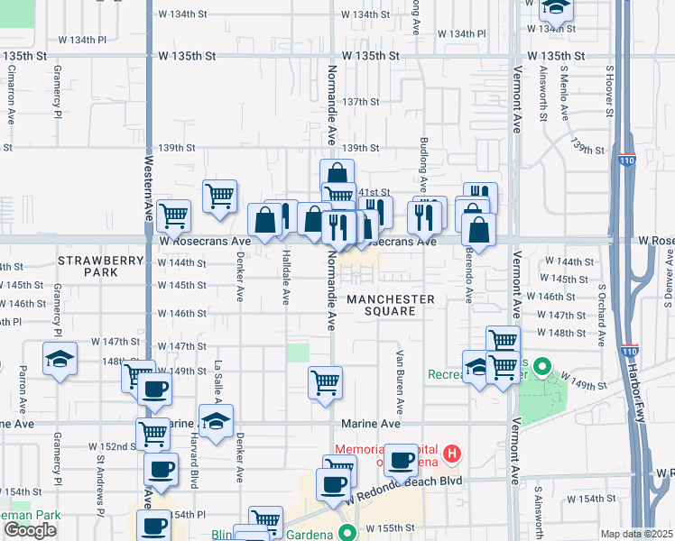map of restaurants, bars, coffee shops, grocery stores, and more near 14503 Normandie Avenue in Gardena