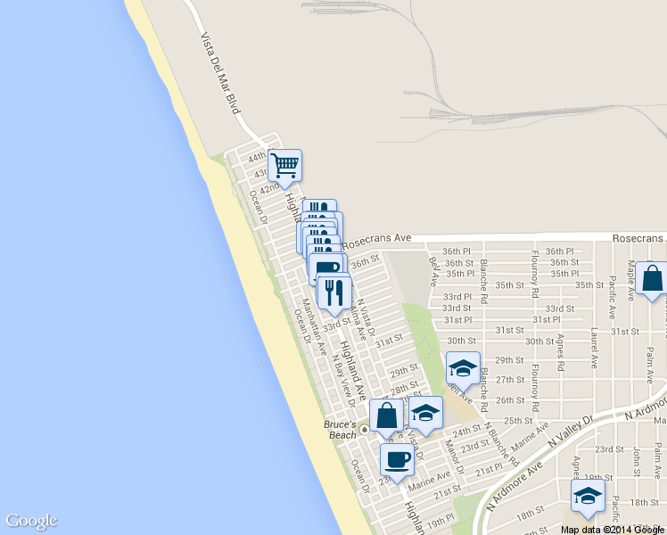 map of restaurants, bars, coffee shops, grocery stores, and more near 3509 Highland Avenue in Manhattan Beach