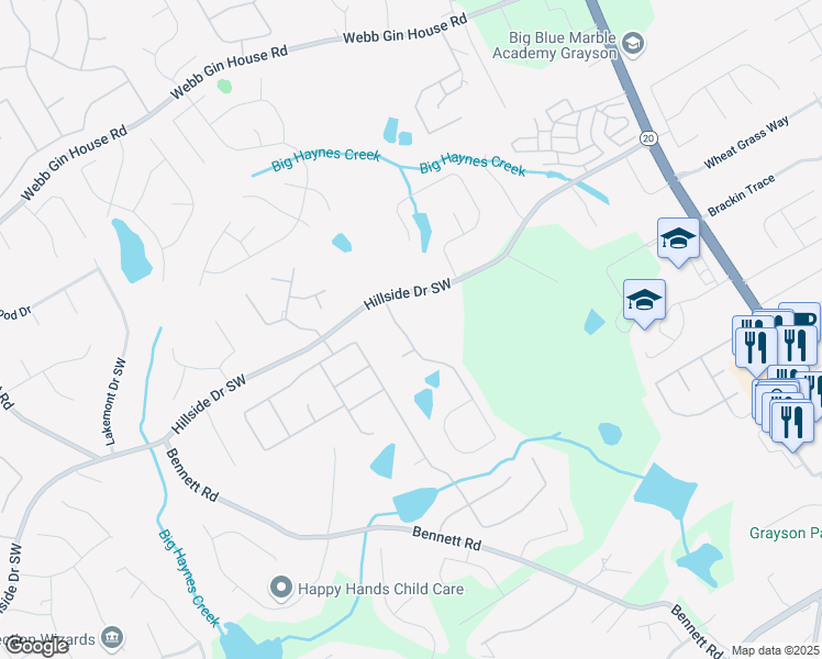 map of restaurants, bars, coffee shops, grocery stores, and more near 1670 Cooper Lakes Drive in Grayson