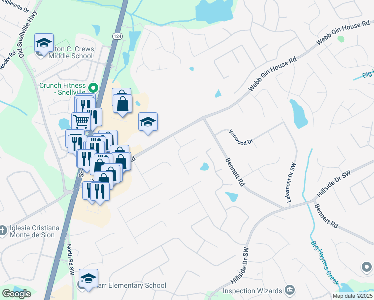 map of restaurants, bars, coffee shops, grocery stores, and more near 1250 Eli Lane in Lawrenceville