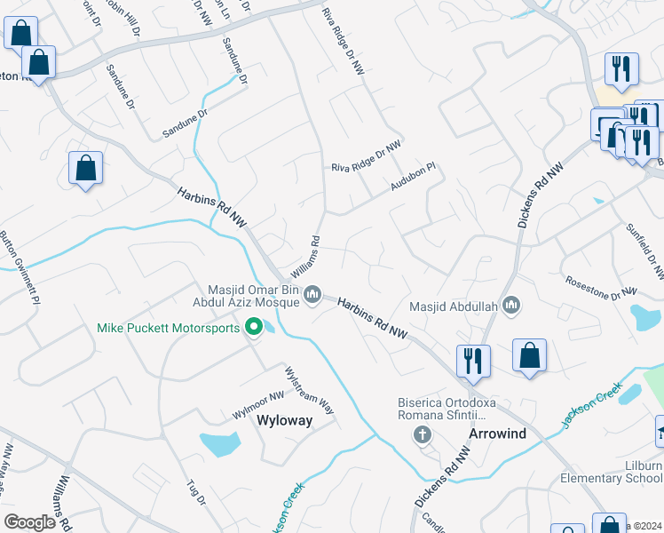 map of restaurants, bars, coffee shops, grocery stores, and more near 5422 Harbins Road Northwest in Norcross