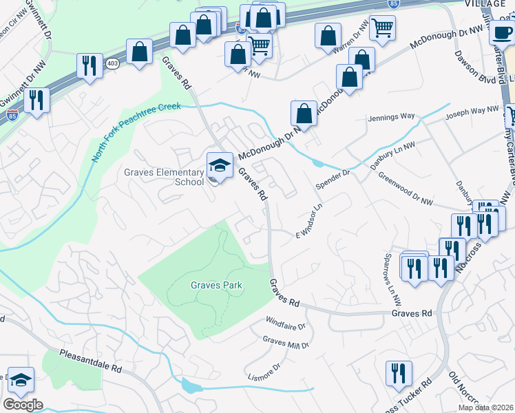 map of restaurants, bars, coffee shops, grocery stores, and more near 6622 Ramgates Way Northwest in Norcross