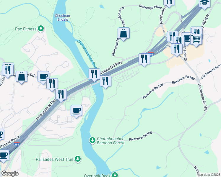 map of restaurants, bars, coffee shops, grocery stores, and more near 329 Riversedge Drive in Atlanta