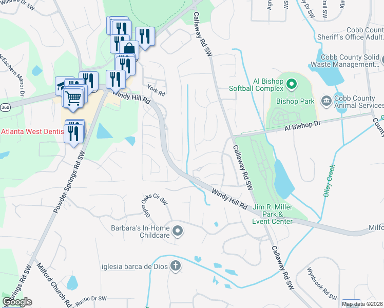 map of restaurants, bars, coffee shops, grocery stores, and more near 2112 Corsica Way Southwest in Marietta