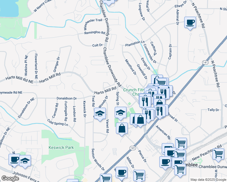 map of restaurants, bars, coffee shops, grocery stores, and more near 2017 Harts Mill Road Northeast in Atlanta