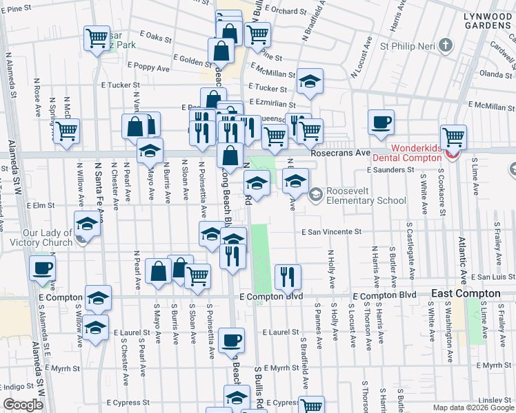 map of restaurants, bars, coffee shops, grocery stores, and more near 700 North Bullis Road in Compton