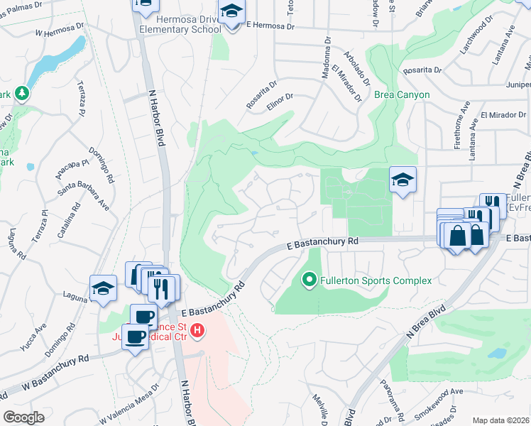 map of restaurants, bars, coffee shops, grocery stores, and more near 513 Pebble Beach Place in Fullerton