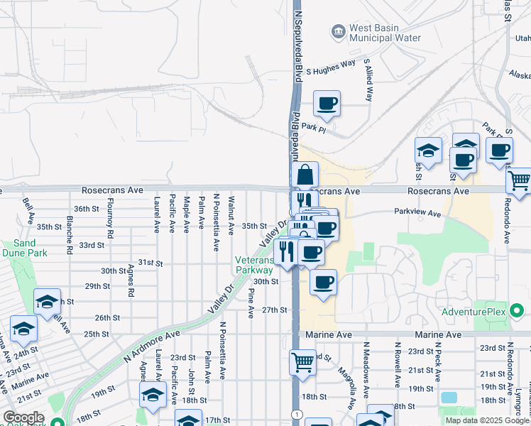 map of restaurants, bars, coffee shops, grocery stores, and more near 3520 Elm Avenue in Manhattan Beach