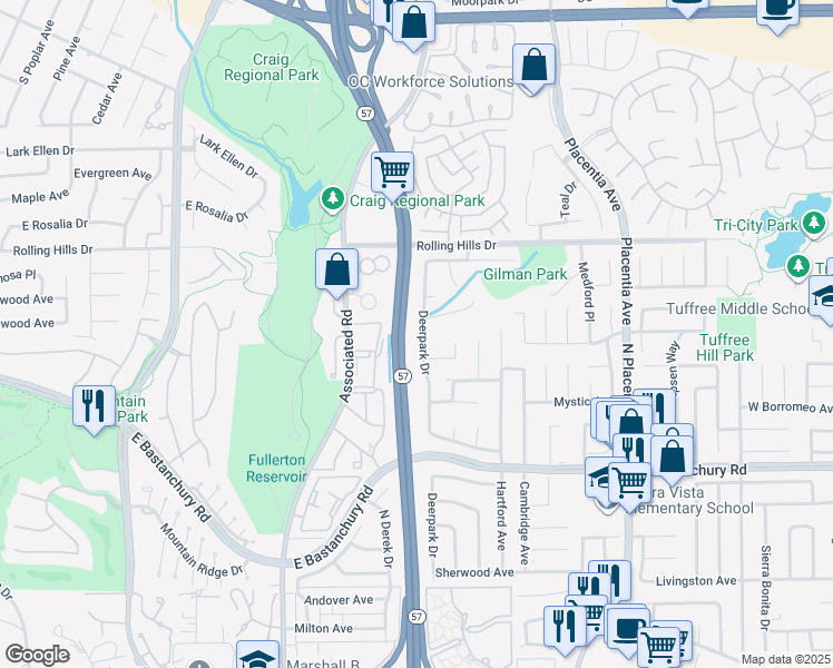 map of restaurants, bars, coffee shops, grocery stores, and more near 2523 Deerpark Drive in Fullerton