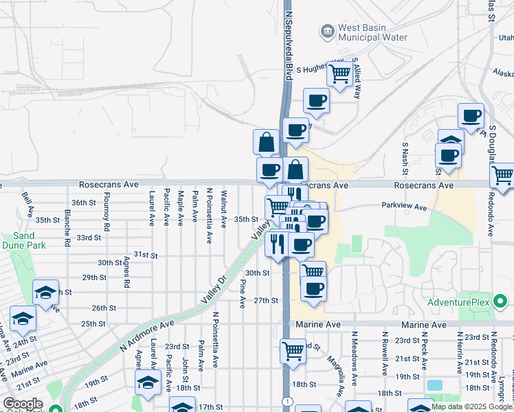 map of restaurants, bars, coffee shops, grocery stores, and more near 3520 Elm Avenue in Manhattan Beach