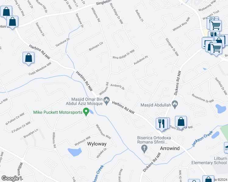 map of restaurants, bars, coffee shops, grocery stores, and more near 948 Waverly Court in Norcross