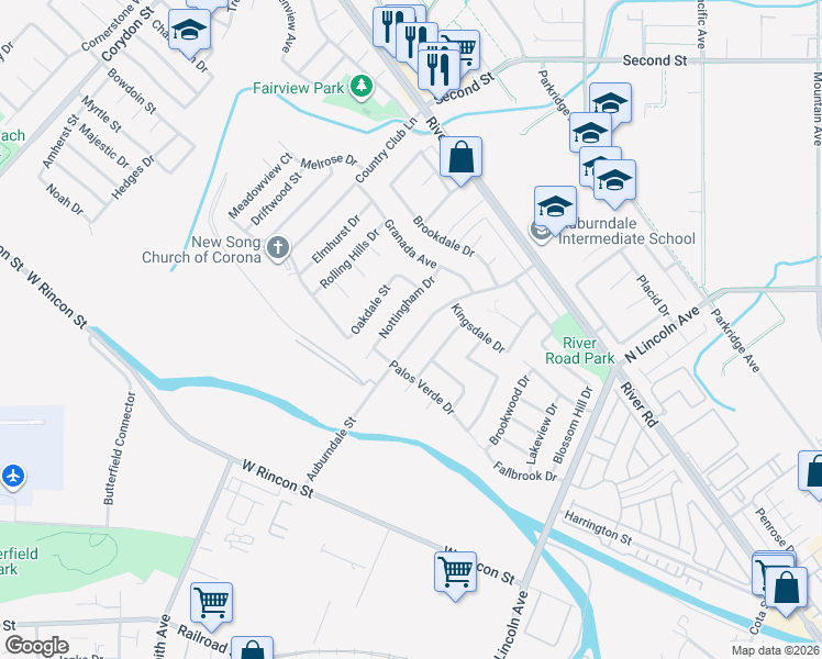 map of restaurants, bars, coffee shops, grocery stores, and more near 936 Auburndale Street in Corona
